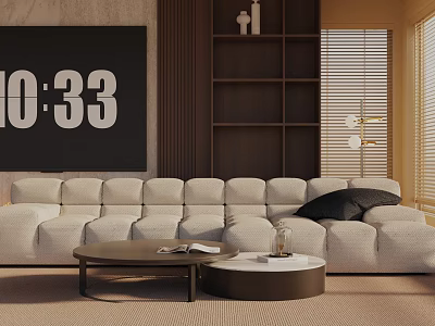 Modern Beige Three Seater Sofa With Coffee Tables Bookshelf Digital Wall Art In Living Room 3d model