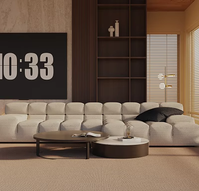 Modern Beige Three Seater Sofa With Coffee Tables Bookshelf Digital Wall Art In Living Room 3d model