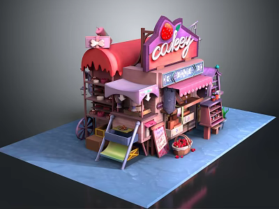 Colorful Cartoon Cakey Shop with Strawberry Sign Pink Awning and Dessert Displays 3d model