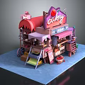 Colorful Cartoon Cakey Shop with Strawberry Sign Pink Awning and Dessert Displays