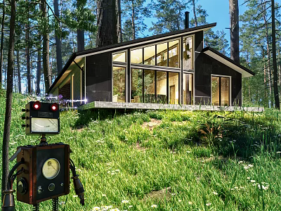 Modern Detached House in Forest with Large Windows and Grassland Surroundings 3d model