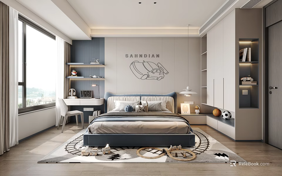 Modern Kids Room Interior Design With Car Drawing Bed Desk Bookshelves And Rug 3d model 