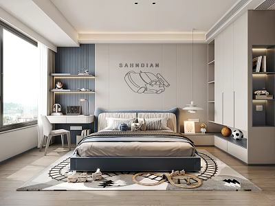 Modern Kids Room Interior Design With Car Drawing Bed Desk Bookshelves And Rug 3d model