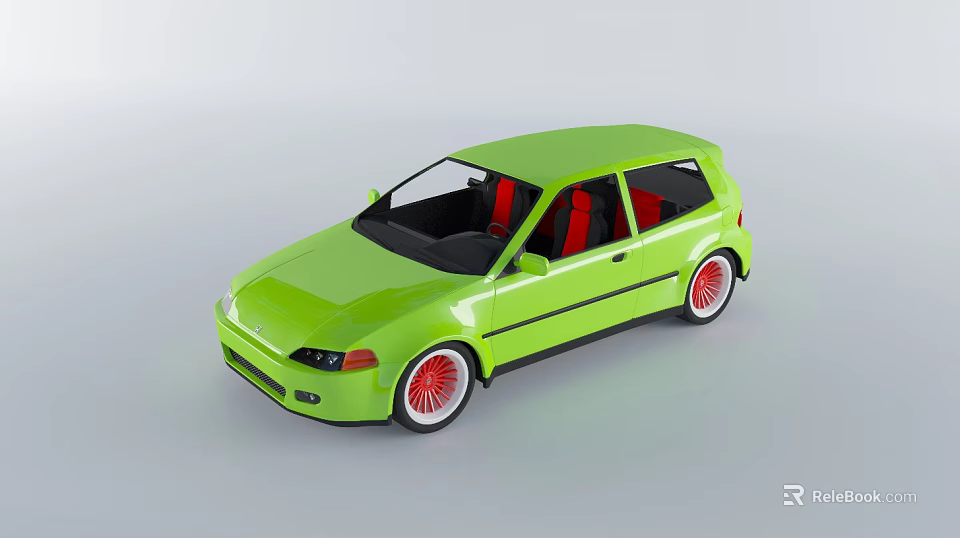 Vibrant Green Hatchback Car With Red Seats Red Wheels And Black Accents 3d model 