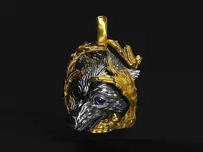 Elegant Wolf Head Pendant With Gold Silver Leaf Decoration And Blue Gemstone Eyes 3d model