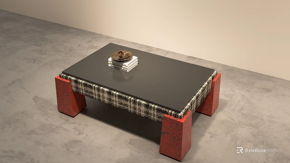 Chic Clothing Store Display Table With Black Top Red Patterned Legs And Plaid Cloth 3d model