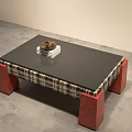 Chic Clothing Store Display Table With Black Top Red Patterned Legs And Plaid Cloth 3d model