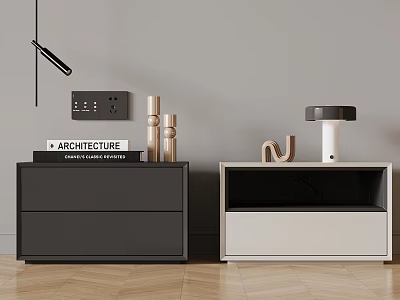 Modern Bedroom Featuring Black White Bedside Tables Books Lamp Decorative Objects And Wooden Floor 3d model