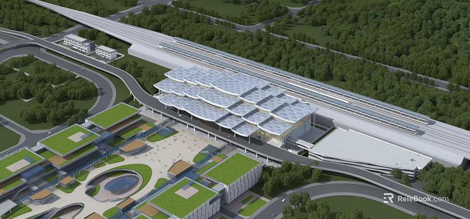 Modern Transportation Hub With Glass Roof Design Surrounding Greenery Roads And Landscaped Areas 3d model 