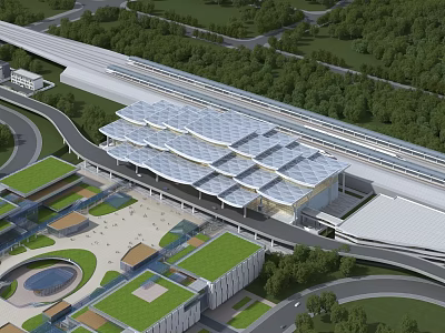 Modern Transportation Hub With Glass Roof Design Surrounding Greenery Roads And Landscaped Areas 3d model