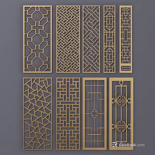 Decorative Room Dividers With Intricate Geometric And Traditional Chinese Patterns In Gold Frame 3d model 