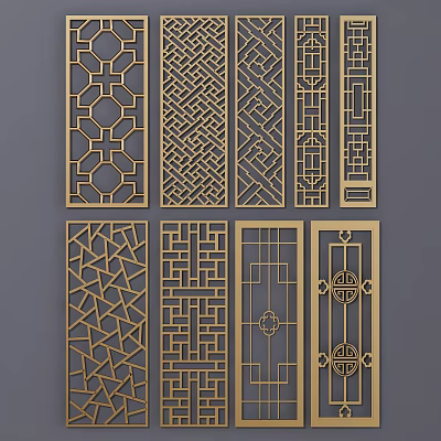 Decorative Room Dividers With Intricate Geometric And Traditional Chinese Patterns In Gold Frame 3d model