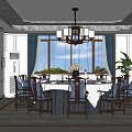 Chinese Style Private Dining Room Interior With Round Table Chandelier And Decorative Elements 3d model