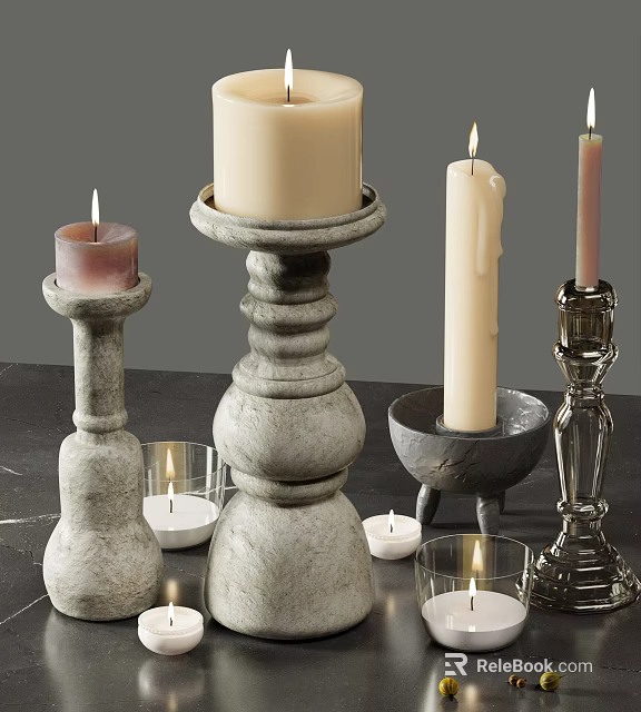 Vintage Decorative Candle Holders With Stone Metal Glass Designs And Lit Candles For Home Decor 3d model 