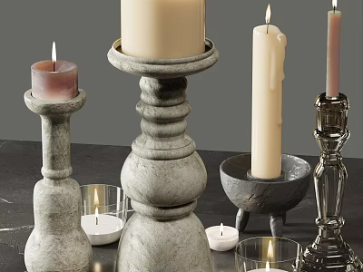 Vintage Decorative Candle Holders With Stone Metal Glass Designs And Lit Candles For Home Decor 3d model