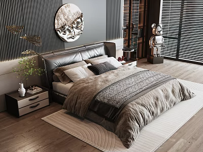 Modern Double Bed With Leather Headboard Brown Bedding Nightstands Round Mirror And Wooden Floor 3d model