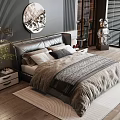 Modern Double Bed With Leather Headboard Brown Bedding Nightstands Round Mirror And Wooden Floor