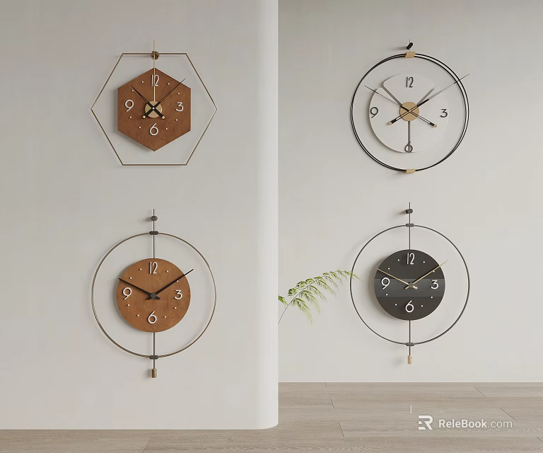 Stylish Wall Clocks Featuring Hexagonal Circular Designs Brown Black Metal Frames 3d model 