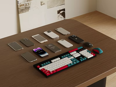 Multiple Phones With Phone Cases Keyboard And Mouse On Wooden Table 3d model
