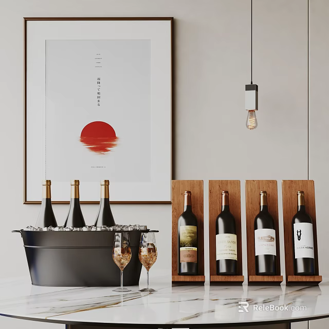 Wine Bottles in Wooden Racks with Wine Glasses Ice Bucket Wall Painting and Hanging Light 3d model 