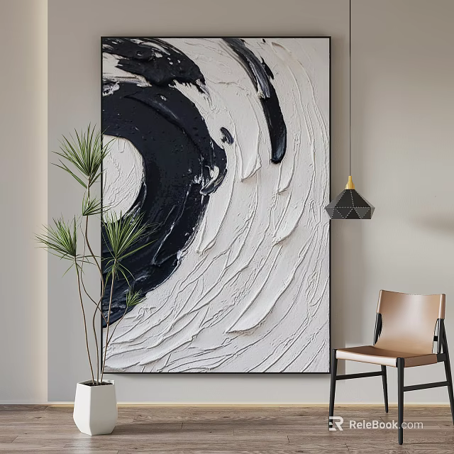 Abstract Black White Textured Painting With Thick Brushstrokes Green Plant And Beige Chair 3d model 