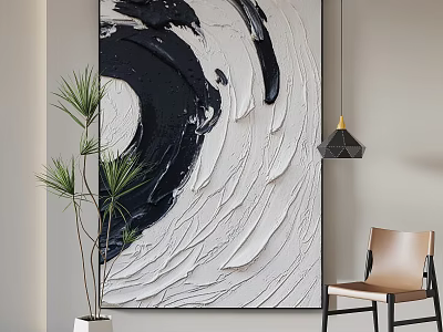 Abstract Black White Textured Painting With Thick Brushstrokes Green Plant And Beige Chair 3d model