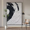 Abstract Black White Textured Painting With Thick Brushstrokes Green Plant And Beige Chair