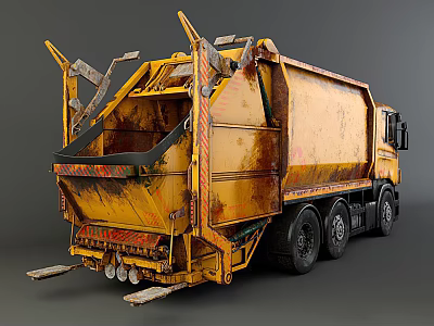 Yellow Rusty Industrial Garbage Truck With Rear Dumping Mechanism And Mechanical Arms 3d model