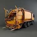 Yellow Rusty Industrial Garbage Truck With Rear Dumping Mechanism And Mechanical Arms