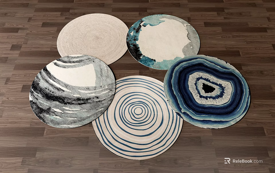 Assorted Round Rugs With Diverse Patterns And Colors On Wooden Floor 3d model 