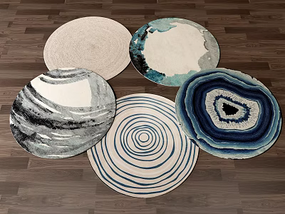 Assorted Round Rugs With Diverse Patterns And Colors On Wooden Floor 3d model