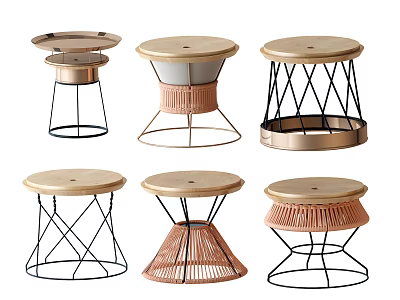 Modern Set Of Six Round Side Tables With Metal Bases Rattan Details And Wooden Tops 3d model