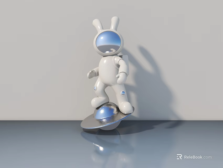 White Rabbit Shaped Robot Standing on Skateboard with Gray Background and Shiny Surface 3d model