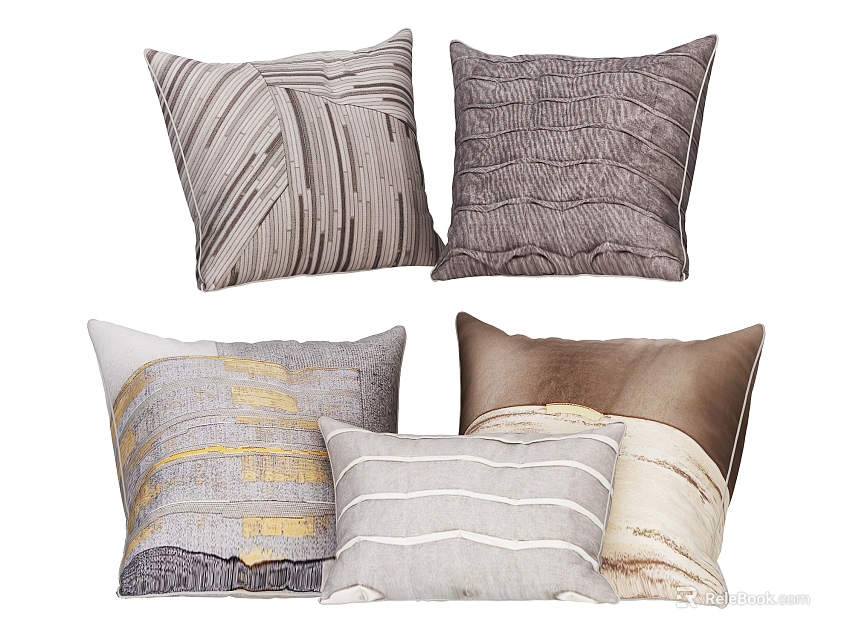 Modern Textured Throw Pillows Set with Gray Brown Beige Tones and Striped Wavy Patterns 3d model 