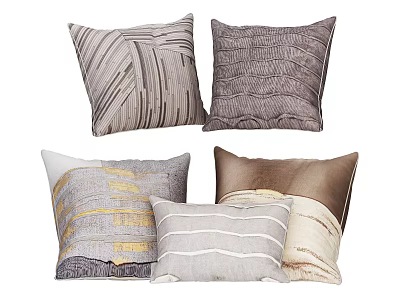 Modern Textured Throw Pillows Set with Gray Brown Beige Tones and Striped Wavy Patterns 3d model