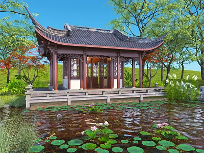 Chinese-style pavilion Chinese-style pavilion lotus pond 3d model
