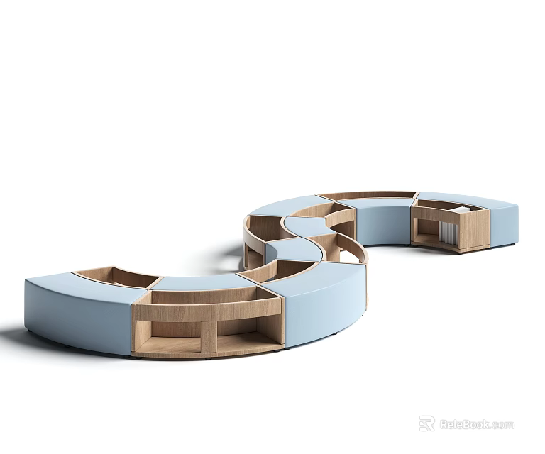 Modern Unique Shaped Sofa with Light Blue Upholstery and Wooden Accents 3d model 
