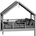 Wooden Kids Bed With House Shaped Fabric Roof And Pink Checkered Bedding