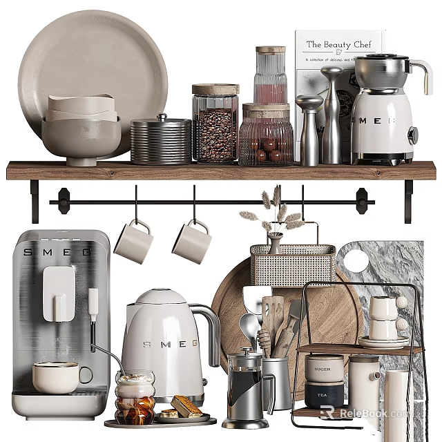 Stylish Kitchen Ornamental Decor Set With Coffee Machine Mugs Jars Wooden Shelf And Metal Utensils 3d model 