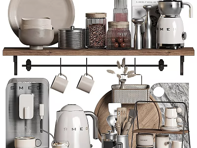 Stylish Kitchen Ornamental Decor Set With Coffee Machine Mugs Jars Wooden Shelf And Metal Utensils 3d model