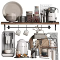 Stylish Kitchen Ornamental Decor Set With Coffee Machine Mugs Jars Wooden Shelf And Metal Utensils