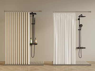 Shower Curtains In Beige Stripe And White With Black Heads Toiletries On Wooden Floor 3d model