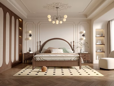 Elegant Bedroom Interior With Wooden Arched Headboard Globes Chandelier And Black White Checkered Rug 3d model