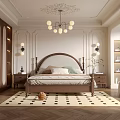 Elegant Bedroom Interior With Wooden Arched Headboard Globes Chandelier And Black White Checkered Rug