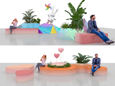 Leisure Space With Colorful Seats Green Plants People Sitting And Decorative Windmill Rabbit Heart Shapes 3d model