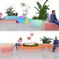 Leisure Space With Colorful Seats Green Plants People Sitting And Decorative Windmill Rabbit Heart Shapes
