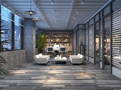 Modern Office Interior Design With Large Windows Wooden Flooring White Sofas Indoor Plants And Bookshelves 3d model