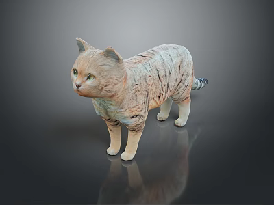 Realistic 3D Striped Cat Figurine Standing Pose With Dark Background Reflection 3d model