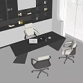 Modern Office Desk Interior With Dark Tabletop And Three Ergonomic Chairs
