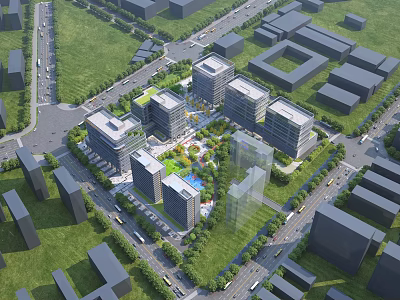 Modern Urban Mixed Use Development With High Rise Buildings Green Spaces And Roads 3d model